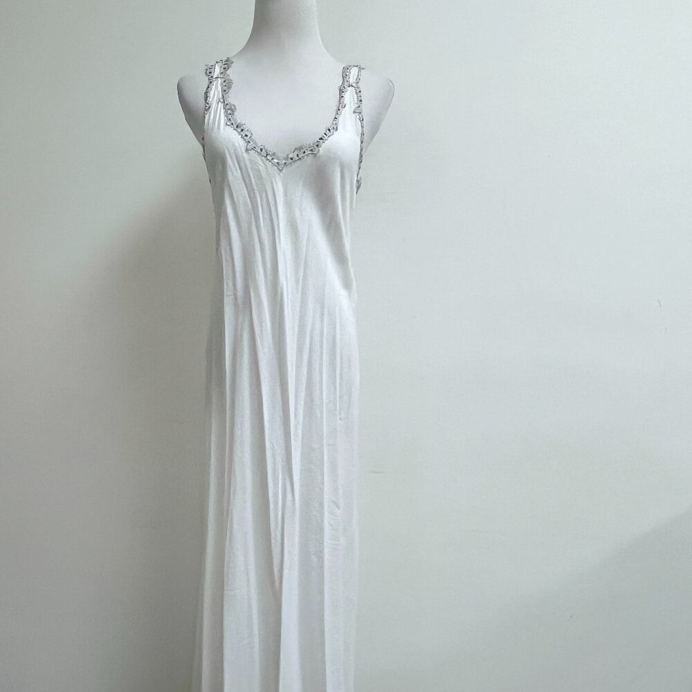 Oleg Cassini intimates white fine cotton slip gown M black eyelash lace